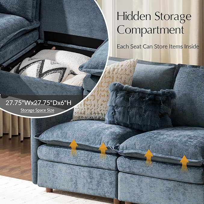 HULALA HOME 68'' Loveseat Sofa with Dual-Layered Cushions, 2 Seater Sofa with Storage Ottoman and Removable Cover, Modern Deep Seat Cloud Couch for Living Room, Blue