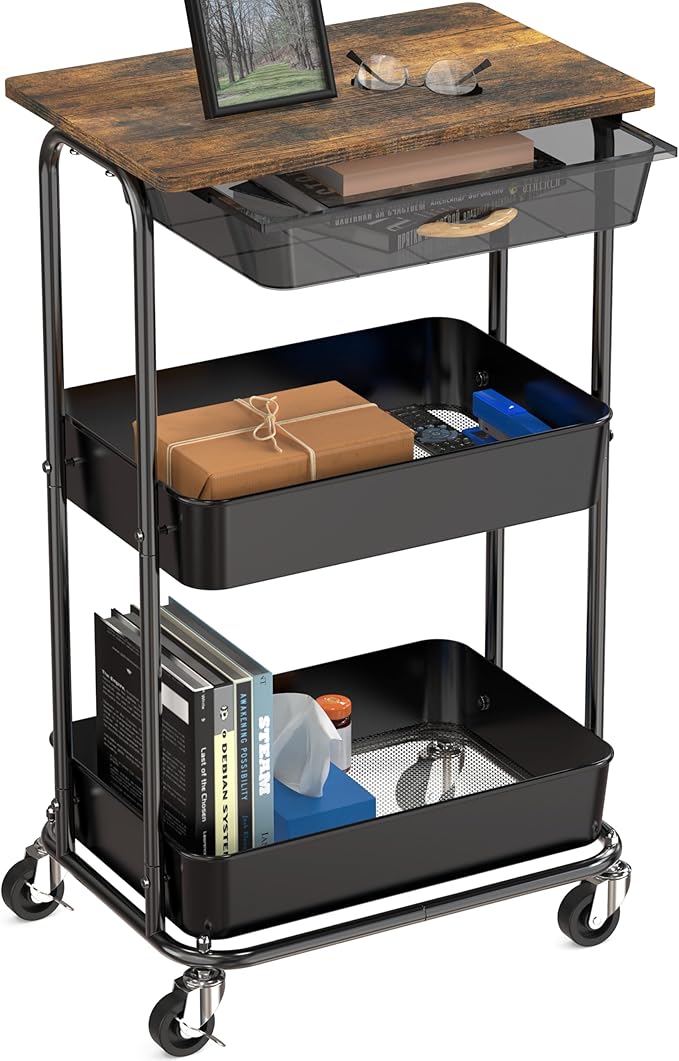 Simple Houseware 3-Tier Rolling Utility Cart with Drawer & Wood Tabletop - Mobile Sofa Side Table, Nightstand, Slim Storage Organizer Trolley for Bedroom, Bathroom, Office & Art Supplies, Rustic Brown