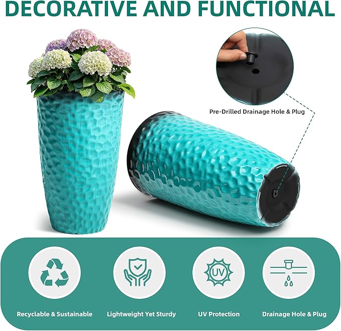 23.75" H Large Tall Outdoor Planters, Set of 2 Plastic Large Flower Pots for Outdoor Plants, with Turquoise Teal Honeycomb Texture, Weather-Resistant for Porch, Garden, Patio or Indoor Use