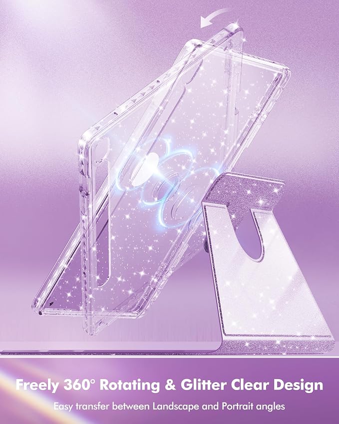 INFILAND Rotating Case for Samsung Galaxy Tab S10 FE/ S9 FE 5G 10.9 Inch/Tab S9 11 Inch 360 Cute Glitter Cover with Clear Back S Pen Holder for Girls Kids Woman (Black)