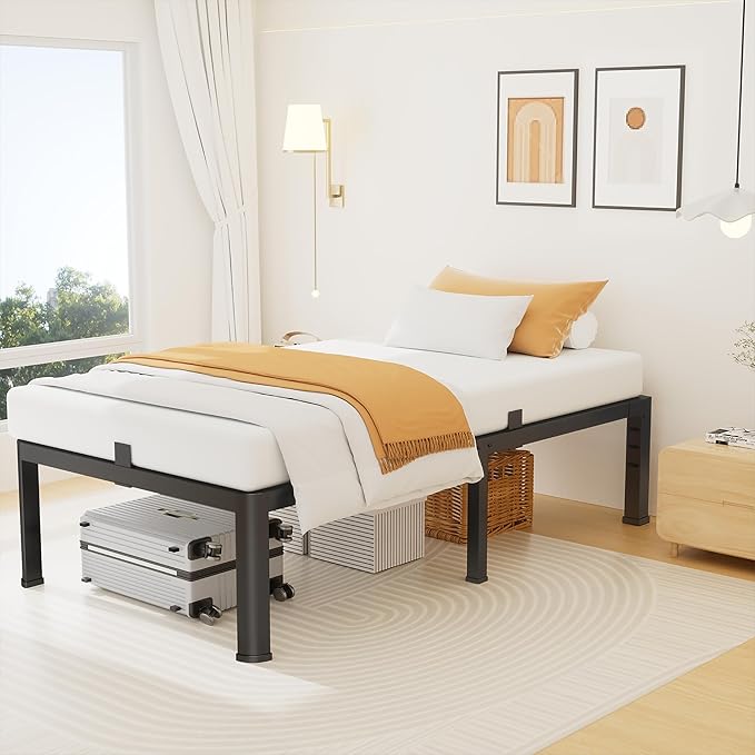 18 Inch Twin Size Metal Platform Bed Frame with Round Corners, Storage Space Under High Bed Frame-Heavy Duty Steel Slats Support, Noise Free - Easy Assembly - No Box Spring Needed