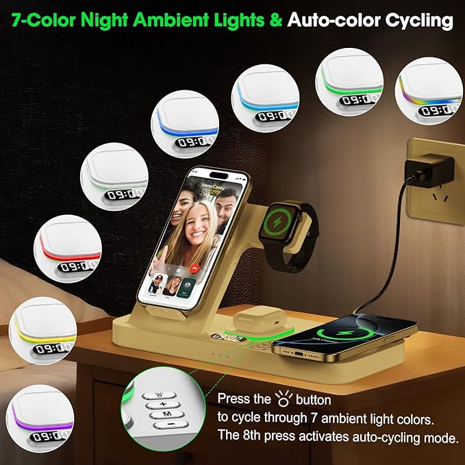 Dual Phone Wireless Charging Station for Apple Devices, Magnetic Charging Station for iPhone with Auto Switch 7-Color Light&Clock, Family Watch Charger for iPhone17 for iWatch11 for AirPods Pro3(Cream