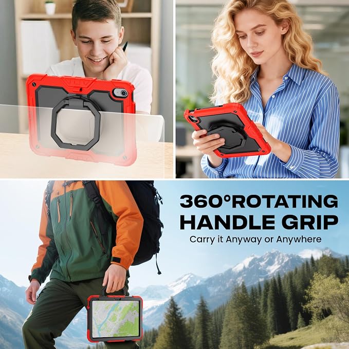 SEYMAC stock Handle Case for iPad (A16) 11th / 10th Gen 11'' /10.9'' Black | Full-Body Drop Protection Shockproof Case Pencil Holder Screen Protector 360 Ring Handle Stand 2025/2022 Released