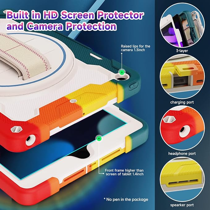 for iPad 9th 8th 7th Gen Case 10.2 inch with Screen Protector | 360° Rotating Kickstand Hand Strap Shoulder Strap Heavy Duty Military Grade - Kids Friendly