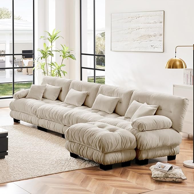 173.2" Oversized Couch, 4 Seater Modular Sectional Sofa, Beige Large L Shaped Fluffy Couch Set, Chenille Cloud Sofas with Ottoman for Living Room