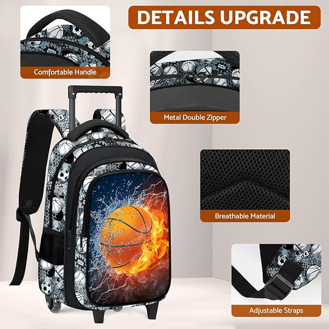 Basketball Rolling Backpack for Boys - 3PCS Boys Rolling Backpack with Lunch Box Set for Kids Children Teens Elementary Middle School,Sport Roller Bookbag with Wheels for Age 6-18