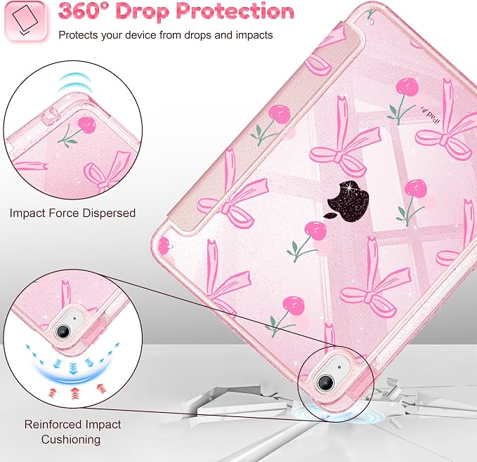 for iPad Air 11 inch M4/M3/M2 (2026/2025/2024) iPad Air 5th/4th Gen (2022/2020) 10.9 inch with Pencil Holder Glitter Clear Pretevtive Cover Auto Wake/Sleep Black Cartoon Stickers