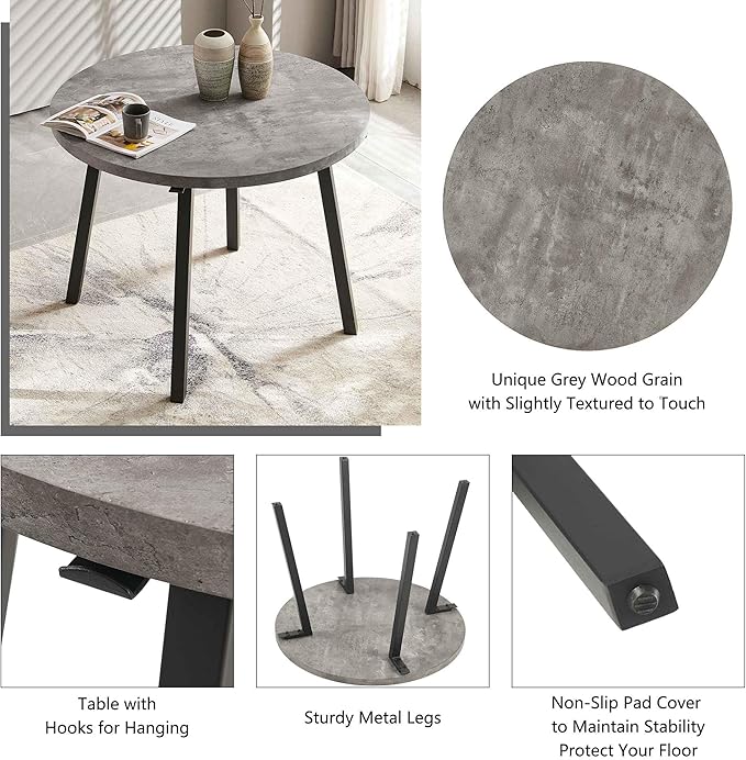 Modern Dining Table Set for 4, Industrial Kitchen Table Set, 37" Round MDF Living Coffee Table with 4 Seated Boucle Dining Chairs Upholstered, Metal Legs for Dining Hall, Living Room