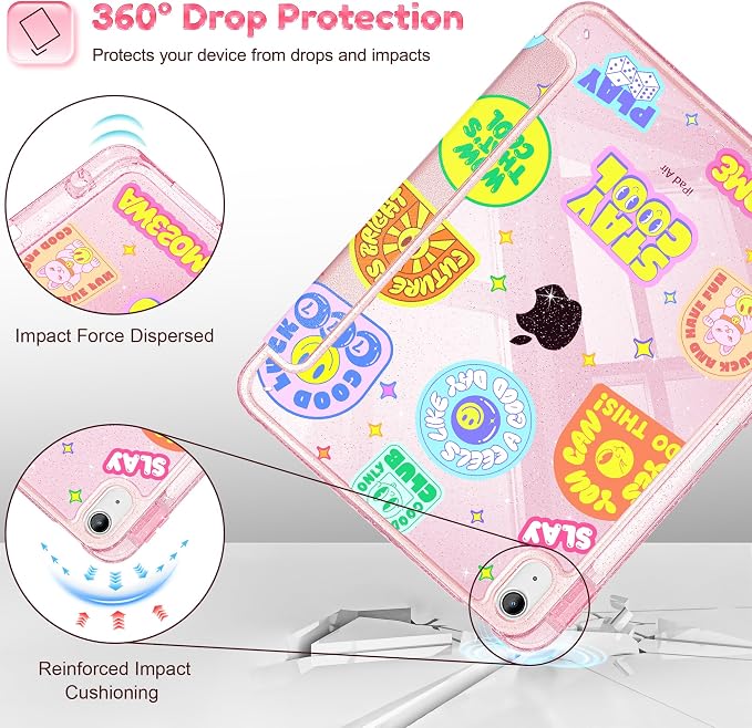 for iPad Air 11 inch M4/M3/M2 (2026/2025/2024) iPad Air 5th/4th Gen (2022/2020) 10.9 inch with Pencil Holder Glitter Clear Pretevtive Cover Auto Wake/Sleep Black Cartoon Stickers