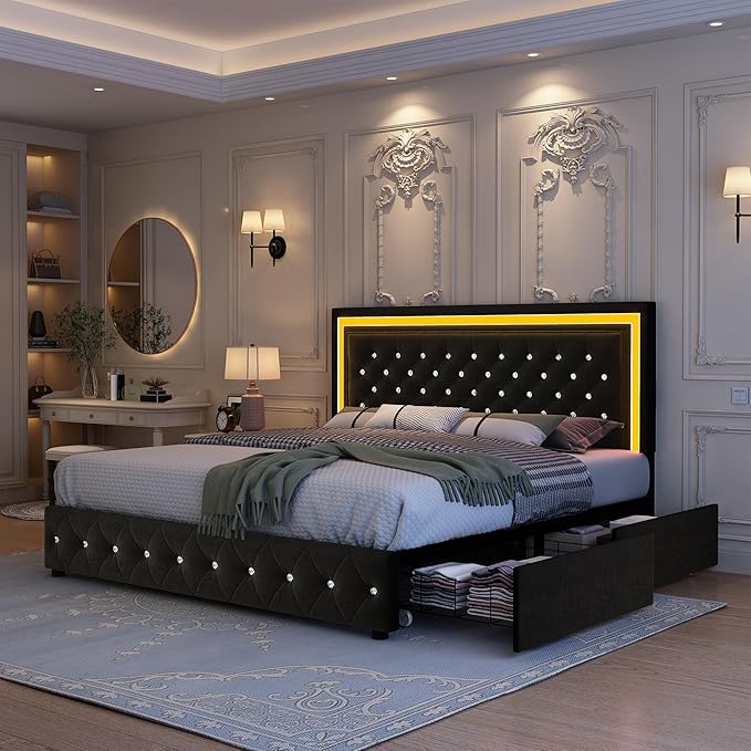 Full Bed Frame with LED Lights, Storage Drawers, No Box Spring Needed, 900 lbs Capacity, Easy Assembly, Velvet Black
