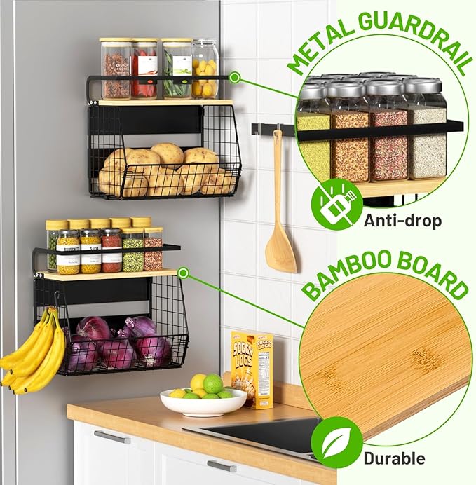Ofiray-home Magnetic Shelf for Fridge with Wood Lid, Fruit Potato and Onion Storage Bins, Pantry Organizers & Storage, Large Container Magnetic Spice Rack for Refrigerator, Kitchen Counter, Cabinet