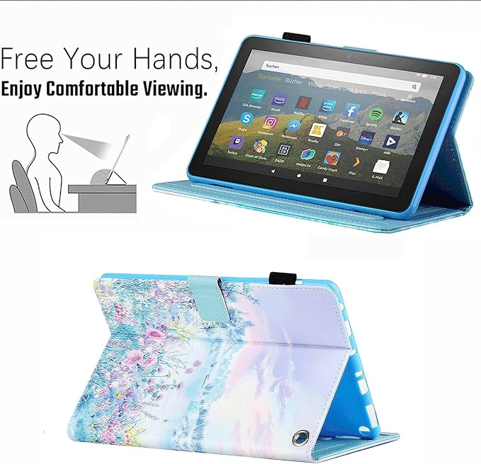 Case for Amazon Fire HD 8 &amp 8 Plus (12th/10th Generation 2024/2022/2020 Release) Pen Holder Premium PU Leather Stand Cover with Smart Auto Wake/Sleep Green Tress