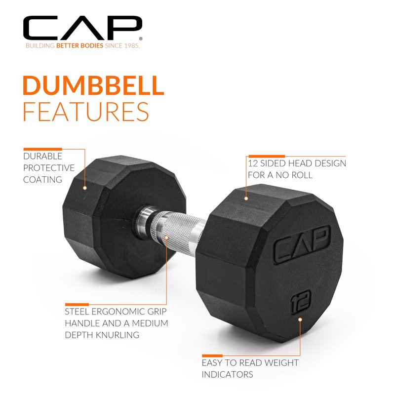 CAP 12 LB 12-Sided Rubber Coated Dumbbell Weight, Rubber Hand Weights for Home Gym Strength Training, Chrome Handle, Pair