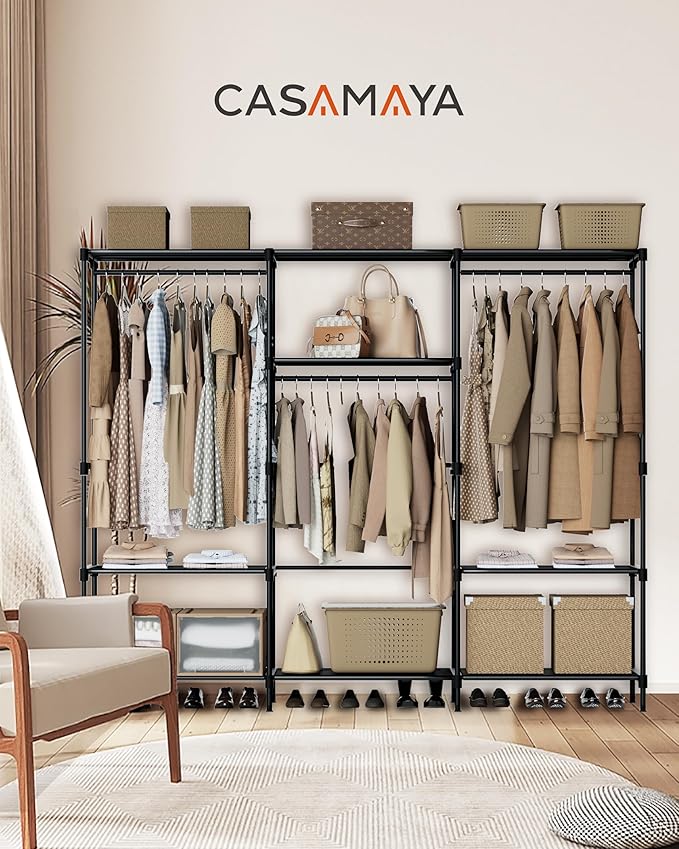 CASAMAYA Clothes Rack, Portable Closet, 81.1 Inch Large Capacity Wardrobe Closet, Clothes Storage Organizer with Shelves and 3 Hanging Rods, Easy to Assembly, Black PCT033B01