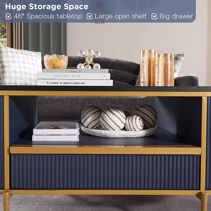OKD Modern Luxury Fluted Coffee Table, 48" Oval Coffee Table with Drawer, Faux Marble Top, Curved Profile Design, Gold Metal Decor, Center Table for Living Room, Navy Blue