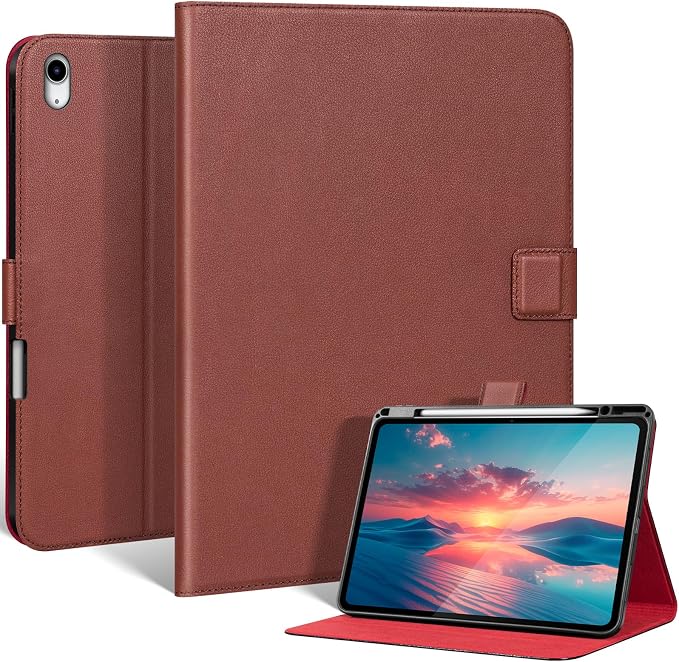 Leather Case for iPad 11th/10th Gen (11/10.9) Black | Genuine Leather Pencil Holder Adjustable Stand Magnetic Closure Auto Wake/Sleep