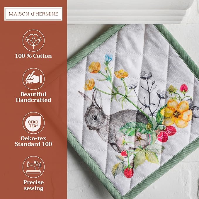 Maison d' Hermine Pot Holders Set 100% Cotton Heat Resistant Potholders 8" x 8" Hot Pads with Loop BBQ, Cooking, Baking, Grilling, Kitchen, Handling Hot Pans Spring/Summer (Pack of 2, Printemps)