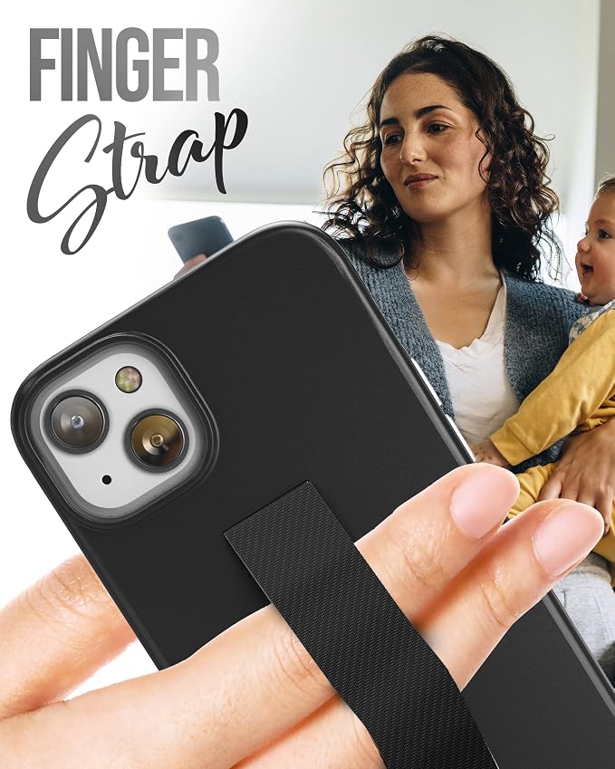 ENCASED Finger Loop Case Designed for iPhone 14 Plus Case with Hand Strap Phone Holder and Screen Protector (Black/Gold Marble)