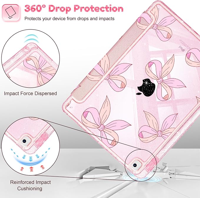 Case for iPad 9th/ 8th/ 7th Generation 10.2-Inch Case(2021/2020/2019 Release) Glitter Tablet Cases with Transparent Acrylic Back+Trifold Stand+Pencil Holder+Auto Wake/Sleep Bows-Stripe