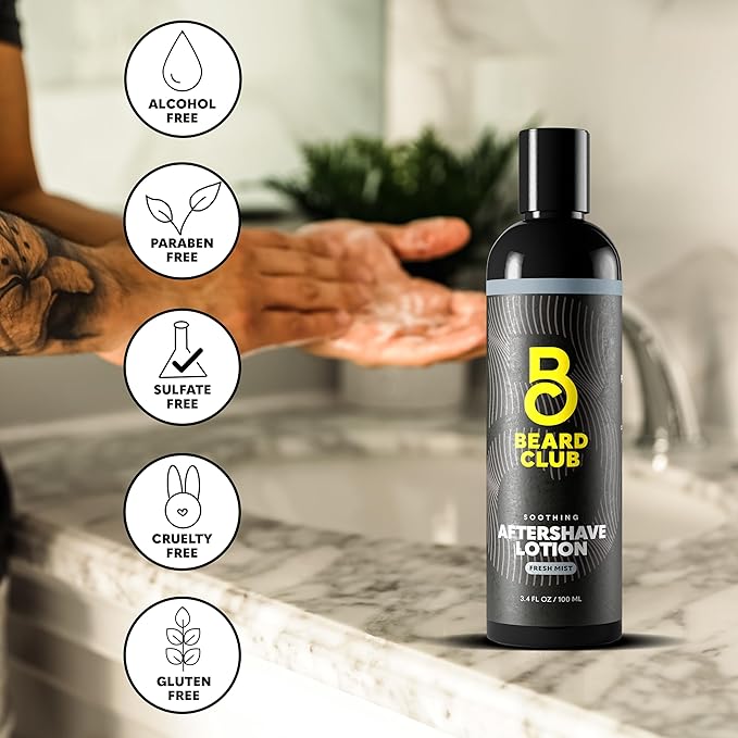 The Beard Club Aftershave for Men – Soothing After Shave Lotion for Men with Chamomile, Tea Tree Oil & Willow Bark – Post Shave Balm Calms Irritation, Prevents Razor Burn & Bumps - 3.4 Fl Oz - 3 Pack