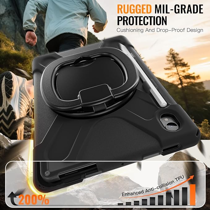 Batianda Heavy Duty Case for Samsung Galaxy Tab S11 2025 11 Inch with 360° Rotating Ring Stand &amp Shoulder Strap Built-in S Pen Holder Shockproof Rugged Multi-Layer Protective Cover Black