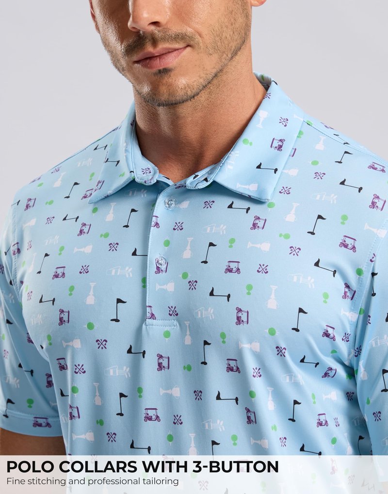 Men's Golf Shirt Short Sleeve Dry Fit Polo Moisture Wicking Print Collared Golf Shirts for Men Casual Lightweight(Golf Collection,L)