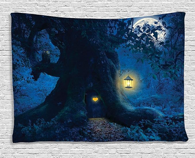Ambesonne Fantasy Tapestry, Night with a Little Home in The Trunk of an Tree in The Woods Print, Wide Wall Hanging for Bedroom Living Room Dorm, 80" X 60", Indigo Blue
