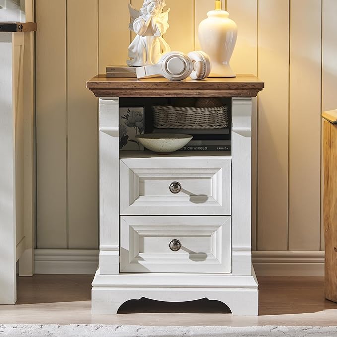 T4TREAM Farmhouse Nightstand with Charging Station, 18" End Table with 2 Drawers Storage, Wood Side Table w/Roman Column, Bedside Cabinet for Bedroom, Living Room, Antique White