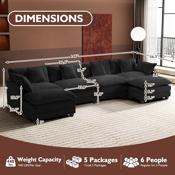 Ihanherry U-Shaped Modern Sofa 146" Modular Sectional Cloud Couch with 2 Ottoman, 6-Seat Chenille Deep Seat Sofa with 6 Pillows for Living Room, Black