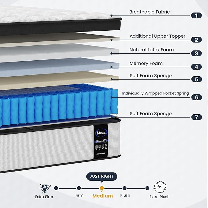 California King Mattress, 12 Inch Hybrid Cal King Mattress, Medium Firm, Memory Foam and Pocket Springs, Strong Edge Support, Pressure Relief, Bed in Box