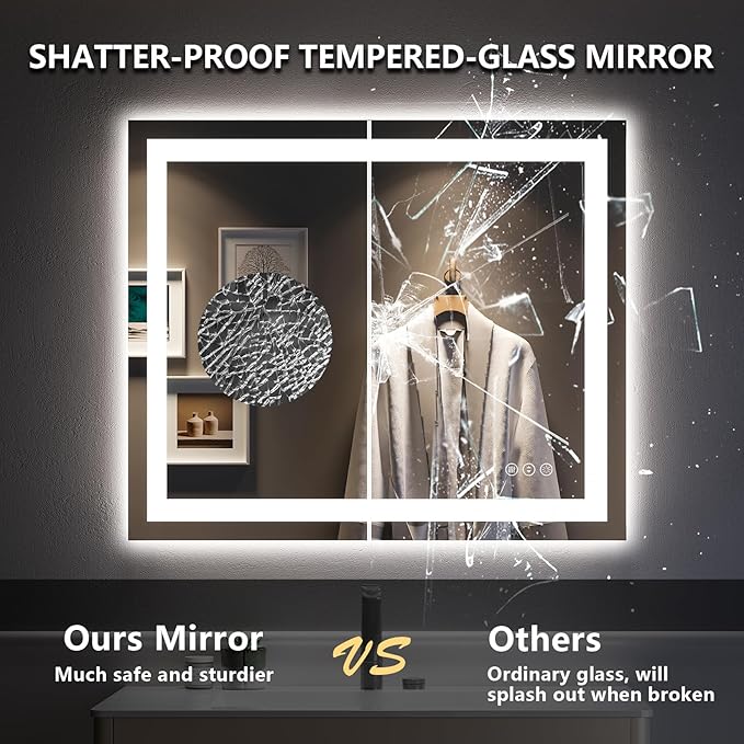 YEELAIT 36x30 Inch LED Bathroom Mirror with Lights Front and Backlit Lighted Vanity Mirror for Bathroom Wall with 3 Colors Dimmable Anti-Fog Memory Shatter-Proof IP54 Waterproof Horizontal/Vertical