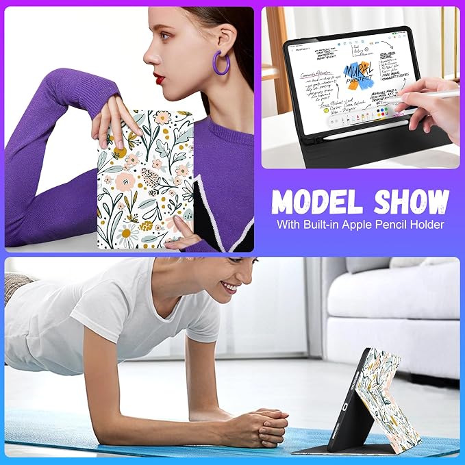 Uppuppy for iPad Pro 12.9 Case Kids Folio PU Leather Cover with Apple Pencil Holder Auto Sleep/Wake Adjustable Angles for iPad Pro 12.9 6th/5th/4th/3rd Gen Sun Moon Black