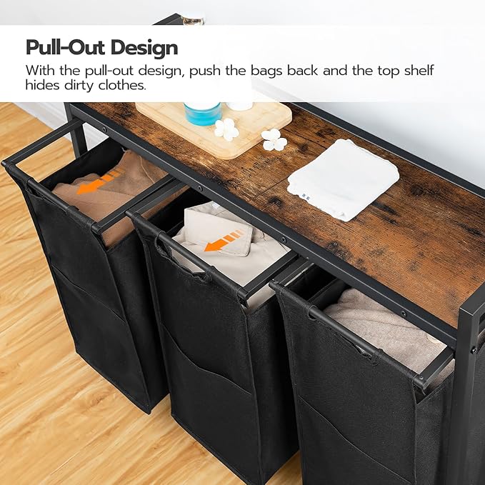 HOOBRO Laundry Sorter 3 Section, Laundry Hamper with Wheels, 3 × 11.5 Gal (43.5 L), Rolling Laundry Basket, Pull-Out and Removable Oxford Fabric Laundry Bags, Rustic Brown and Black BF76XY01