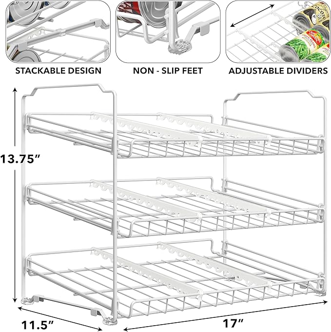 Simple Houseware Stackable Can Organizer Rack for Pantry/Cabinet - 11.5" D x 17" W x 13.75" H, Holds 36 Cans, 3-Tier Can Food Storage Dispenser, White