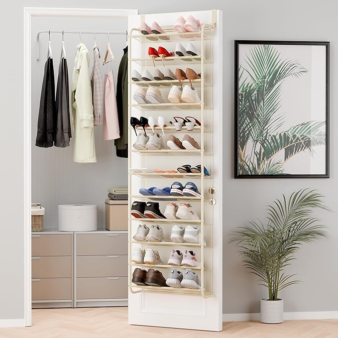 Whitmor 36 Pair Over The Door Shoe Organizer, 12 Tier Hanging Shoe Organizer, Heavy Duty Metal & Mesh Shoe Holder, Hanging Shoe Rack for Closet Organizer & Storage, 69"L x 21.7"W x 7.5"H, Beige