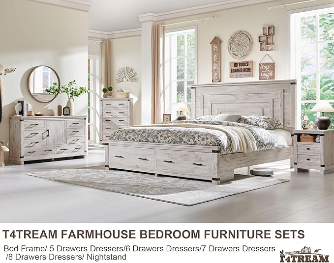T4TREAM Farmhouse Queen Size Bed Frame with 54" Tall Geometric Headboard & 2 Large Storage Drawers, Rustic Wood Platform Bed with Wood Slats Support, No Box Spring Needed, Antique Brushed White