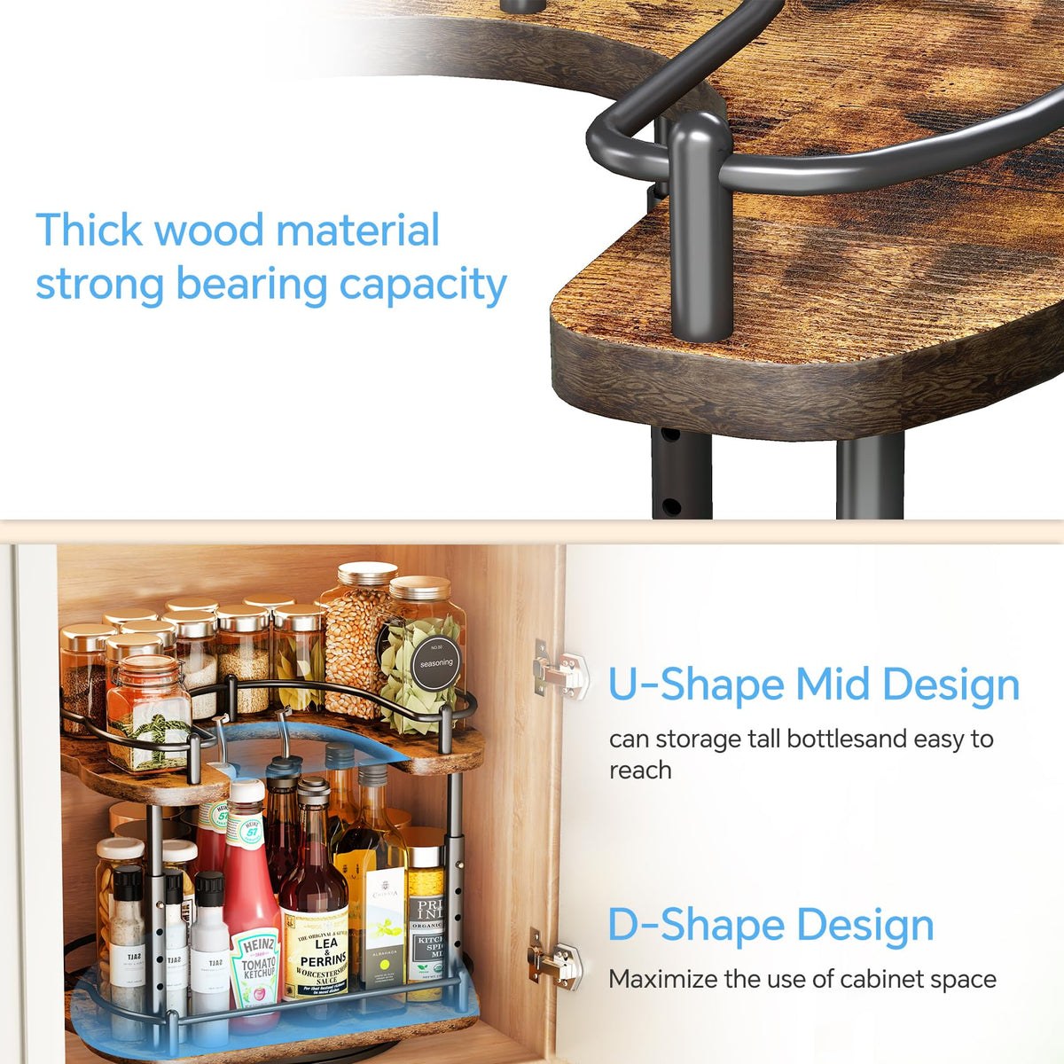 Lazy Susan Organizer Spice Rack - Spice Organization for Cabinet Height Adjustable Rotating Lazy Turntable, Pantry Kitchen Wood Revolving Seasoning Organizer, 12 inches, Black
