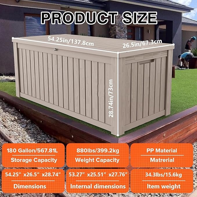 180 Gallon Outdoor Storage Box Waterproof Lockable Resin Deck Box Large, Patio Storage Bin for Pool Accessories Cushion Furniture, Garden Tools, UV-Resistant Outside Delivery Grey