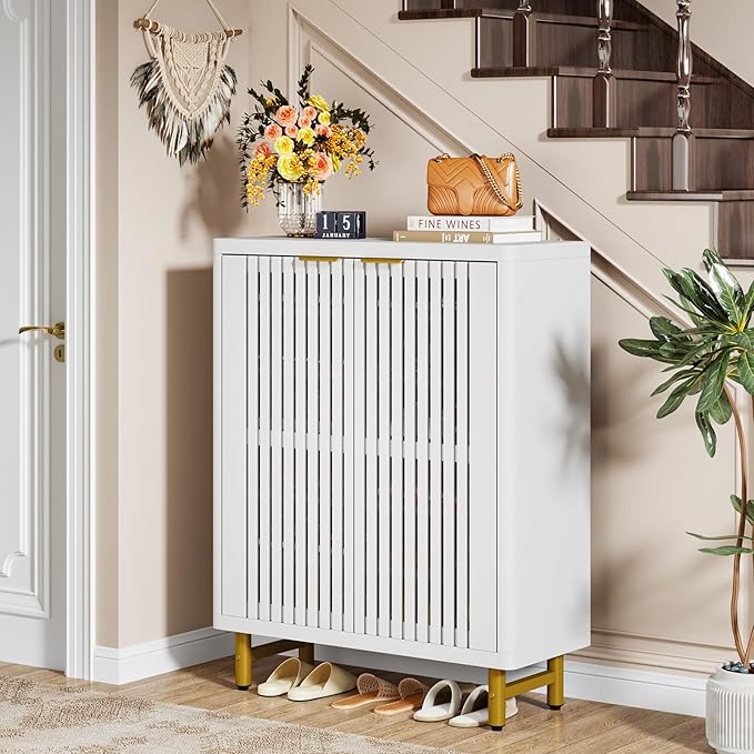 Tribesigns 6-Tier Shoe Cabinet with Shutter Doors, Large Wooden Shoe Organizer Rack with Adjustable Shelves, Modern Farmhouse Hidden Storage Furniture for Entryway, Hallway (White)