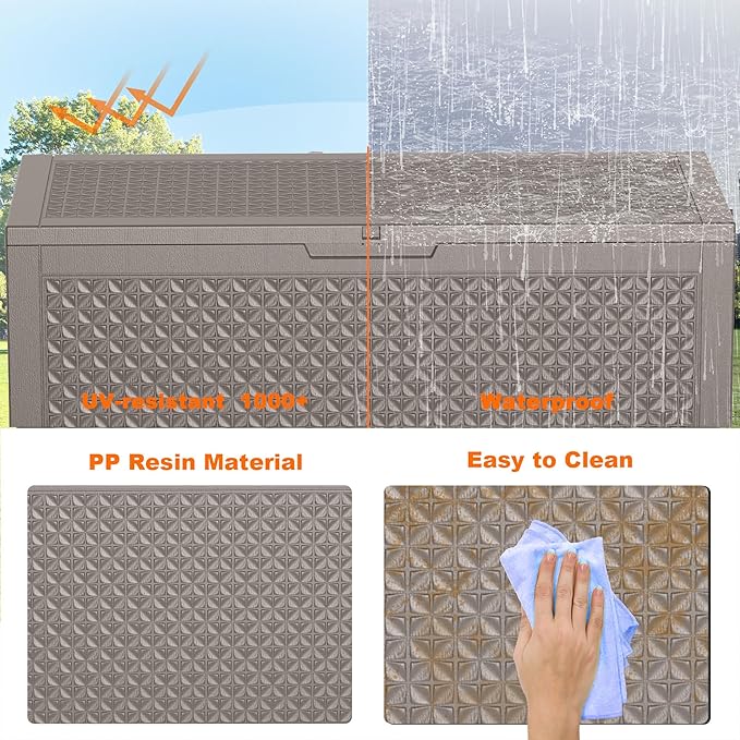 New 100 GallonOutdoor Storage Box,Resin Deck Boxes Waterproof, IndoorOutdoor Bin for Package Delivery, Patio Cushions, Gardening Tools, Lockable, UV Resistant