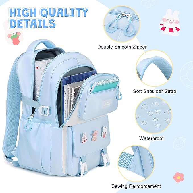3PCS Girls Backpack for School, Kids Backpack for Girls with Lunch Box Pencil Case Set for Teen Girl Elementary Primary Middle High College School Bookbag with Cute Pins (Blue)
