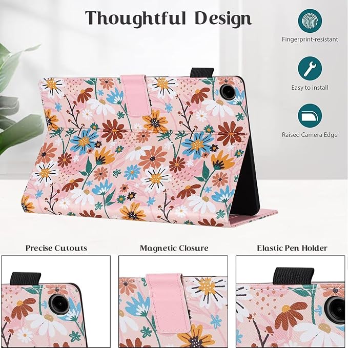 Case for Samsung Galaxy Tab A9 8.7 Inch 2023 (SM-X110/X115/X117) Suede Embossed Flower Flip Stand Protective Shell with Pen Holder &amp Card Slot No Smart Auto Wake/Sleep Function Brown