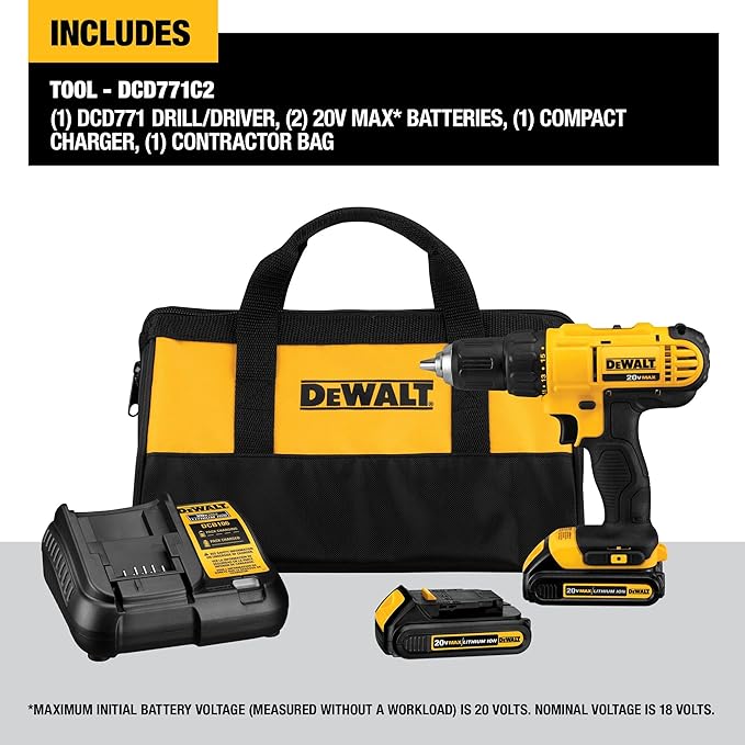 DEWALT 20V Max Cordless Drill Driver Set, 2 Speed, High Performance Motor, Includes 2 XR 1.3Ah Li-Ion Batteries, Charger and Contractor Bag (DCD771C2)