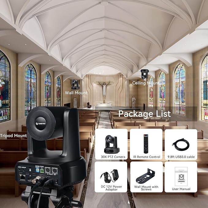 TONGVEO AI Auto-Tracking IP PTZ Camera SDI/HDMI/USB3.0/LAN PoE 30X Optical + 16X Digital Zoom 1080P 60fps for Live Streaming Church Services Education Video Conference with OBS vMix and More