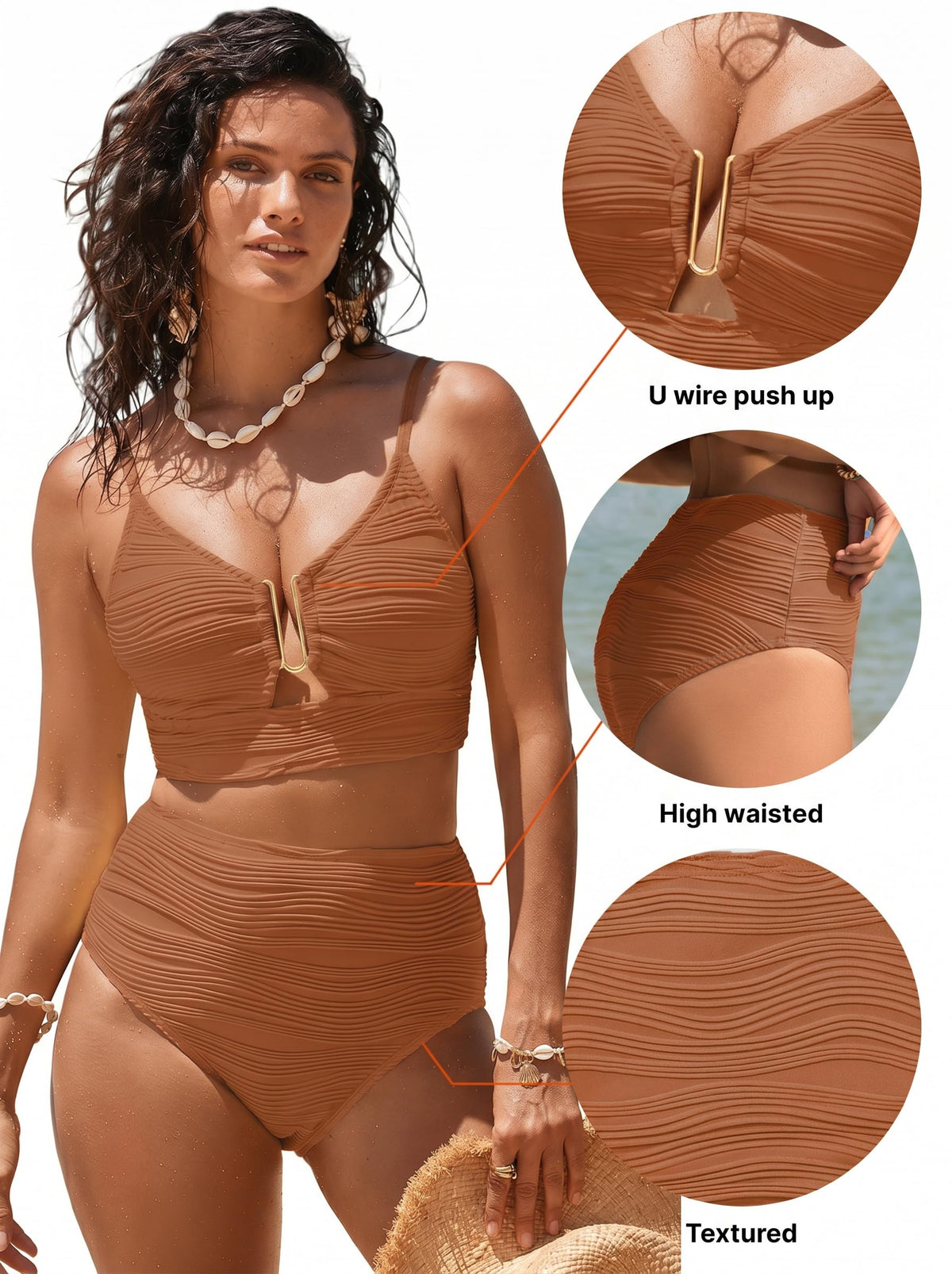 Herseas Women Popular Swimsuits 2 Piece U-Wired Push up Ribbed Ruched High Rise Bikini Sets Longline Modest Solid Swim Suit Wire Free Bathing Suit Cruise Essentials Caramel Large
