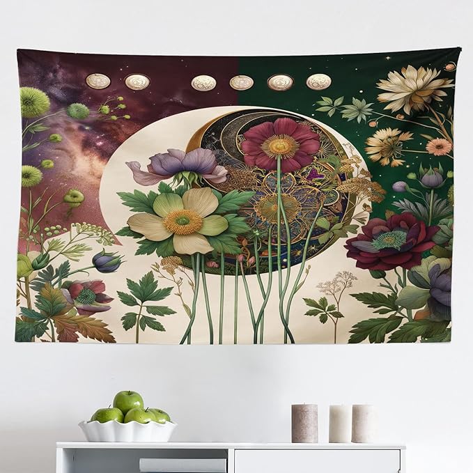 Ambesonne Moon Tapestry, Abstract Blooming Gentle Leafy Flowers with Lunar Phase Ethno Details, Fabric Wall Hanging Decor for Bedroom Living Room Dorm, 45" X 30", Fern Green Eggshell Lilac
