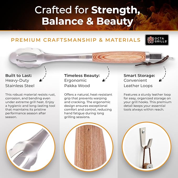 OctaGrills 3-Piece BBQ Utensil Set – Premium Stainless Steel Grill Tools with Extra Wide Spatula - Pakka Wood Handles & Leather Hanging Loops (Spatula, Tongs & Fork)