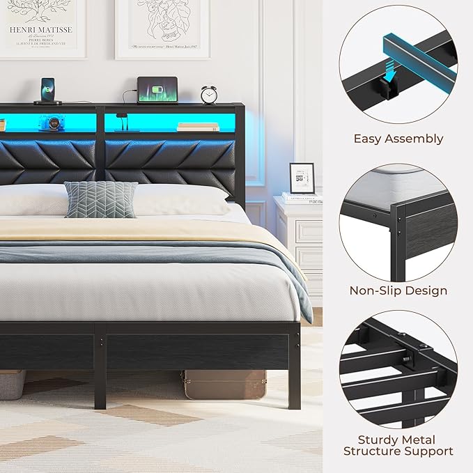 Seventable Full Size Bed Frame with Charging Station & LED Lights, Upholstered Headboard with 2-Tier Storage Shelves, Metal Platform with Under Bed Storage, No Box Spring Needed, Easy Assembly, Black