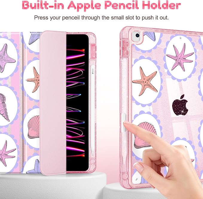 Mektron Sparkly Case for iPad 10.2 inch Glitter Tablet Cases for iPad 9th Gen 2021/8th Gen 2020/7th Gen 2019 Cover with Shiny Clear Back Shell Foldable Bling Smart Cover Blue Floral
