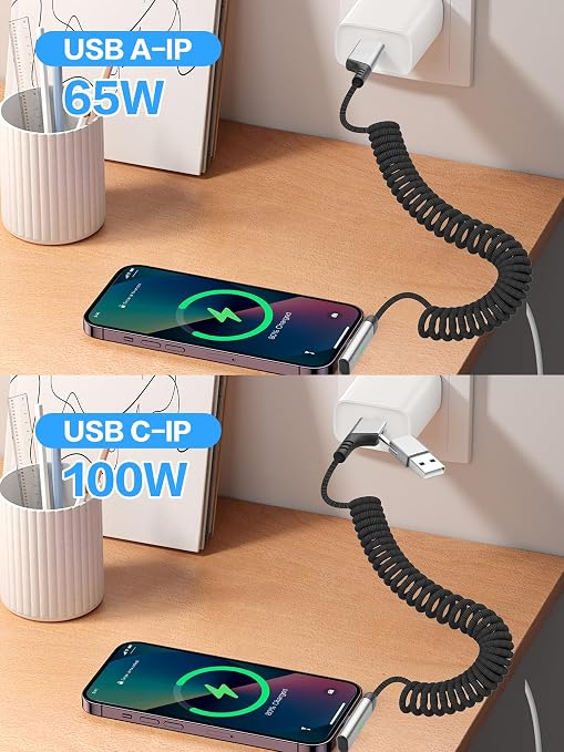 YACSEJAO Coiled USB C Charging Cable with USB A Adapter 2-in-1 Spring Coiled Phone Charger Cord 480Mbps Data Transfer Compatible Tablets Laptops Power Banks and More (Right Angle)